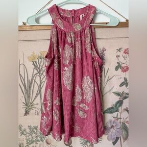 Anthropologie Feather & Bone Metallic Floral Sleeveless Blouse Top Pink Gold XS